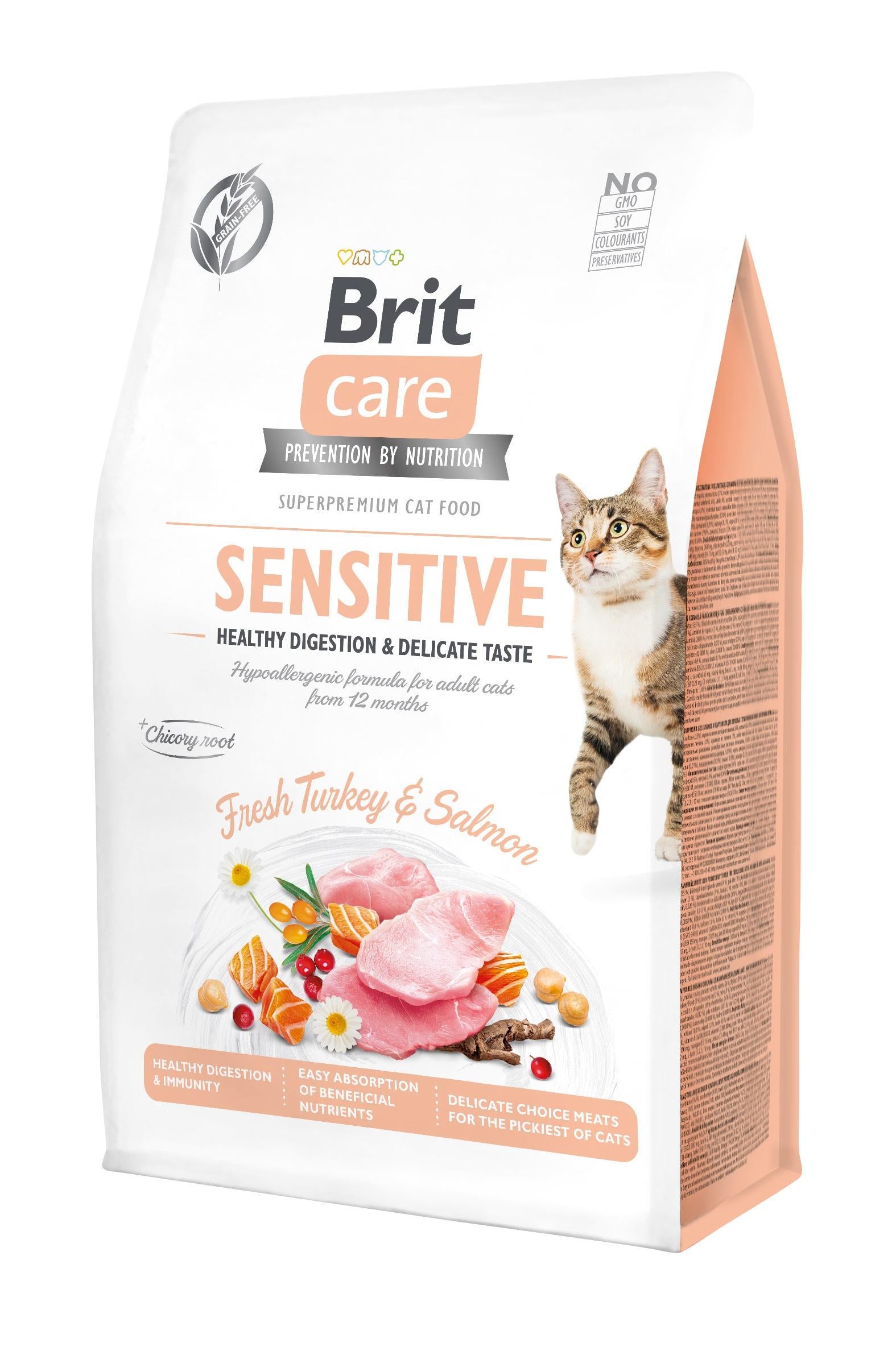 Корм сухий для вибагливих кішок Brit Care Cat GF Sensitive Digestion&Delicate Taste з індичкою та лососем 0,4 кг (8595602540716)