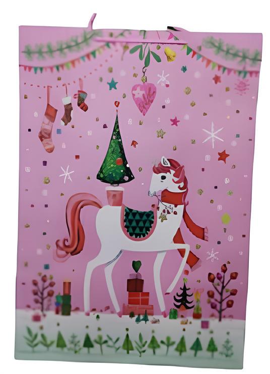 Подарунковий пакет новорічний Stenson Кінь паперовий XXL 51х72х18 см Рожевий (R33034)