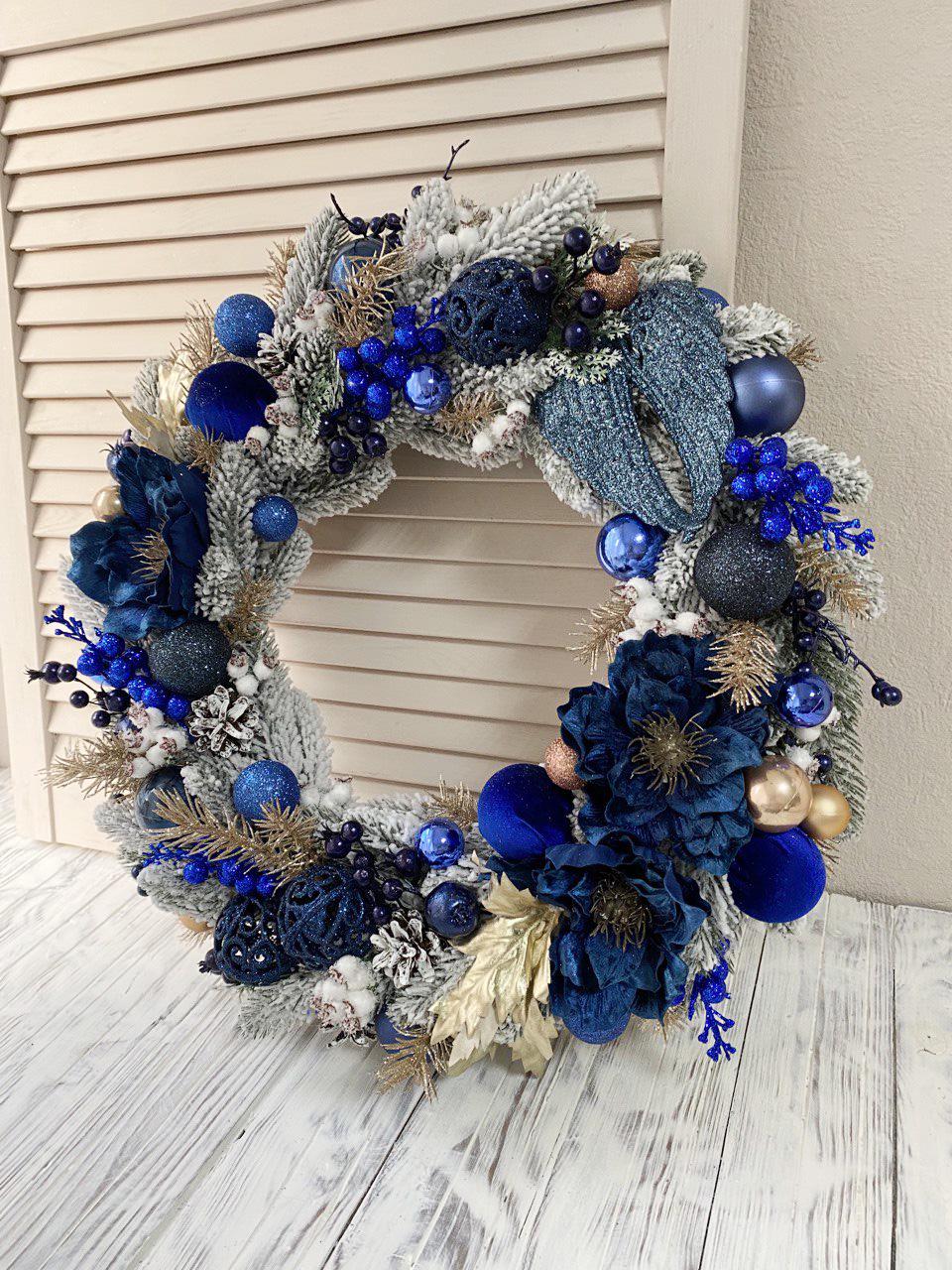 Венок новогодний 50 см Синий/Шампань - фото 2