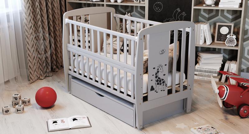 Ліжко дитяче Дубик-М Жирафік на шарнірах з підшипником + відкидна боковина з ящиком сіра