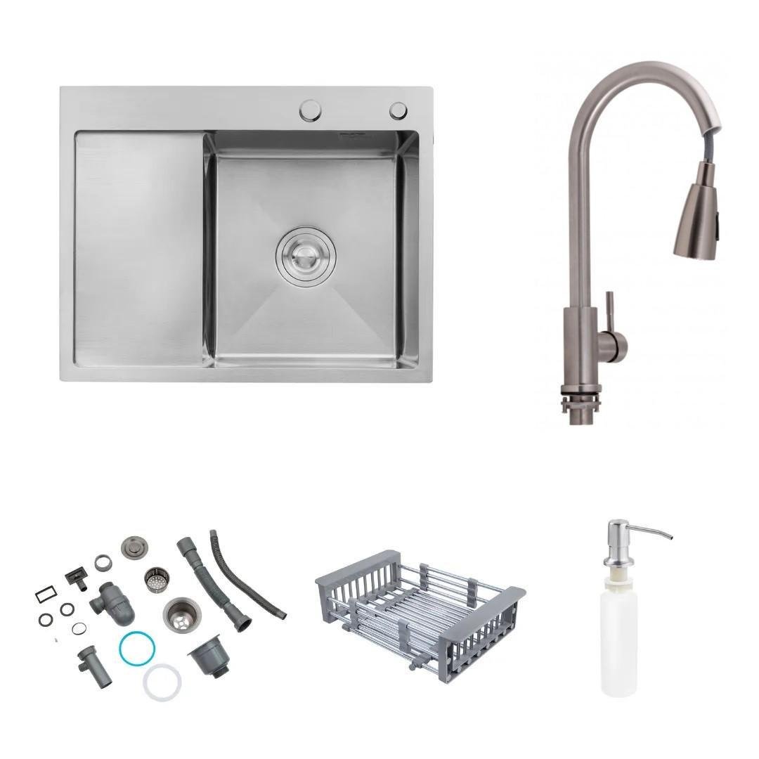 Мойка кухонная Lidz H6350R встроенная 3,0/1,0 мм Brush 630х500/215 мм/смеситель для кухни Lidz Aria 015FL с выдвижным изливом