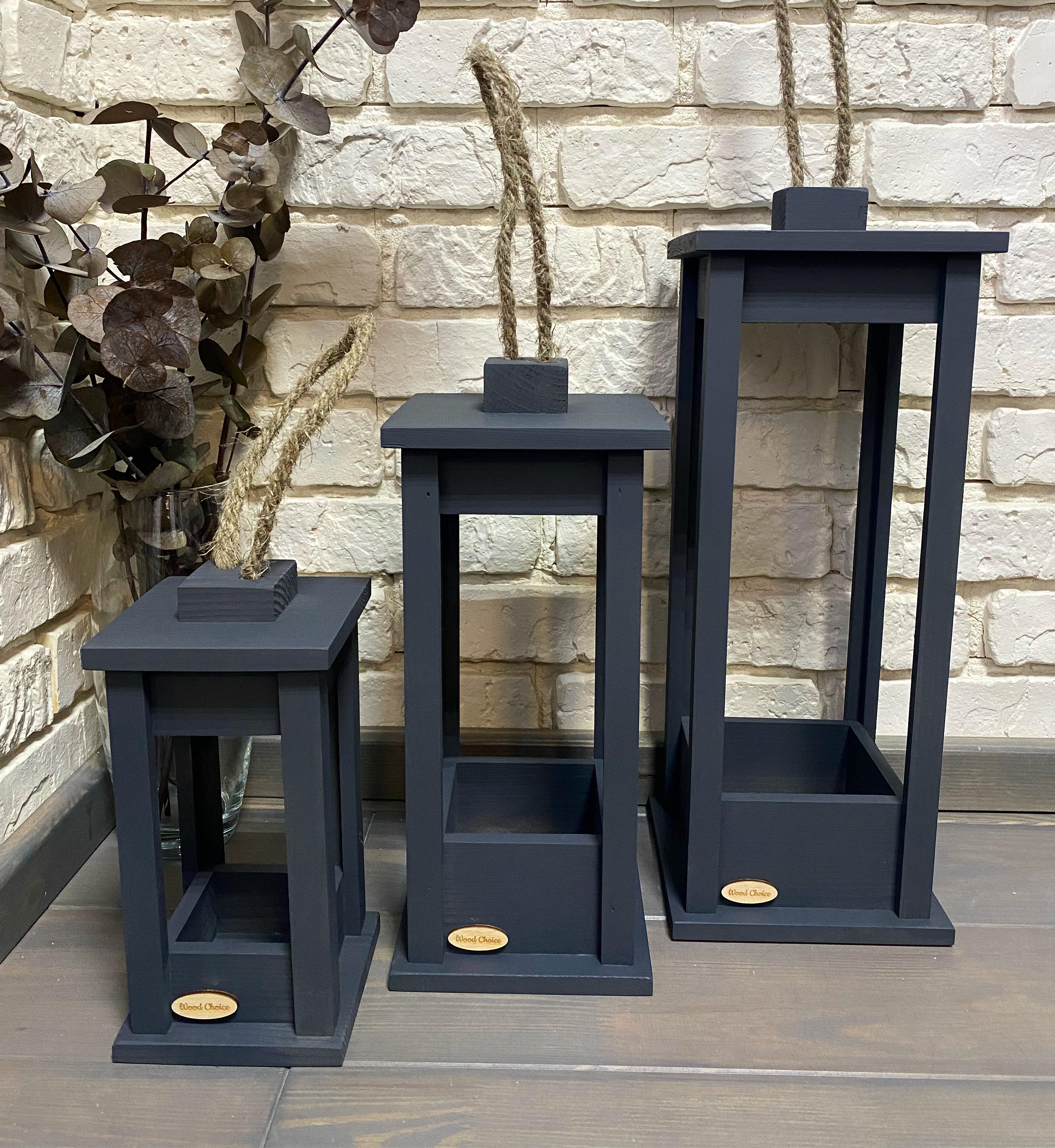 Набор подсвечников деревянные Фонари 25/35/45 см Серый - фото 1