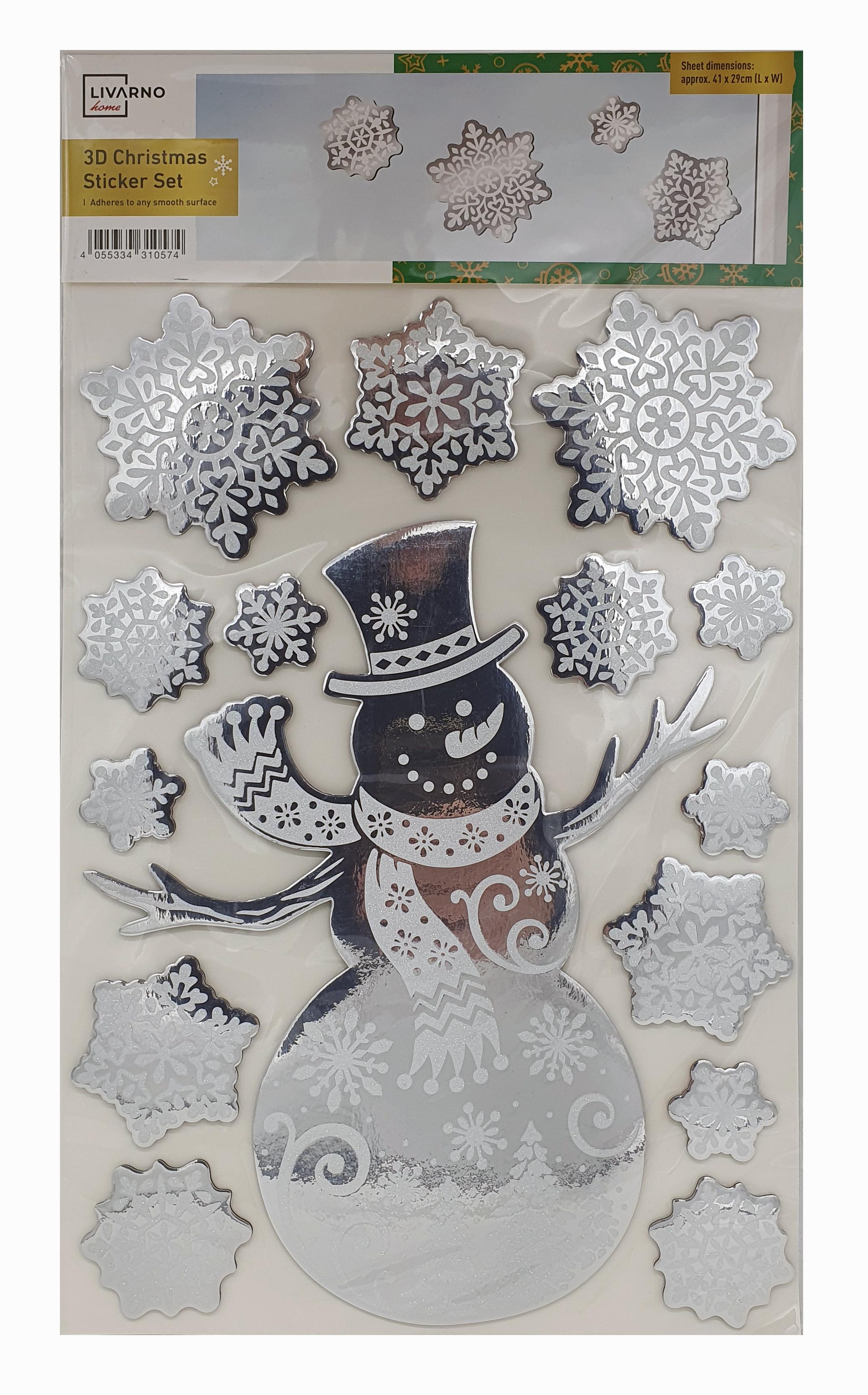 Новогодние 3D наклейки на окна многоразовые Снеговик Livarno Home 15 шт. 50х30 см (N1-00449)