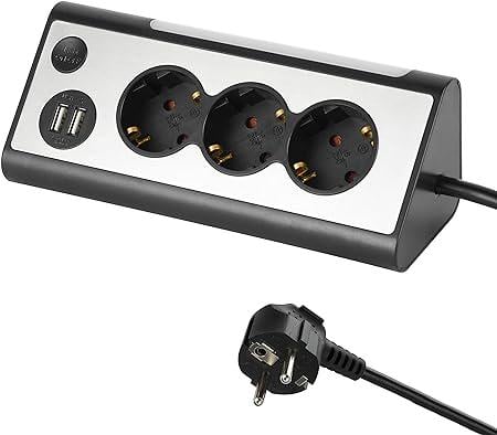 Фільтр-подовжувач мережевий побутовий кутовий Electraline на 3 розетки 3х1,5 мм 1,5 м 2 USB LED підсвічування Чорно-сріблястий (e4b30ed5)