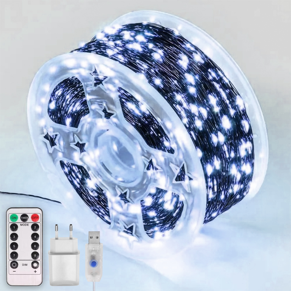 Гирлянда нить Роса с пультом 1000LED от USB и сети 220V зеленый провод 100 м холодный белый