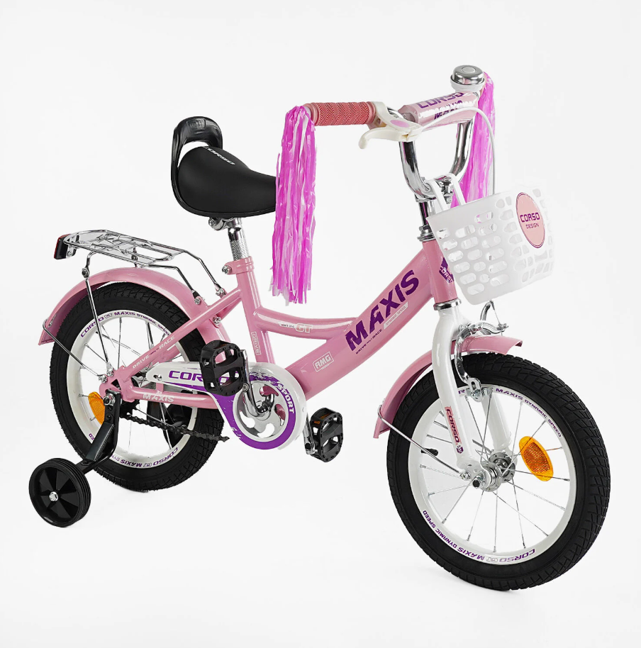 Велосипед 2-х колесный Corso MAXIS 14" ручной тормоз сиденье с ручкой дополнительные колеса Розовый (CL-14030)