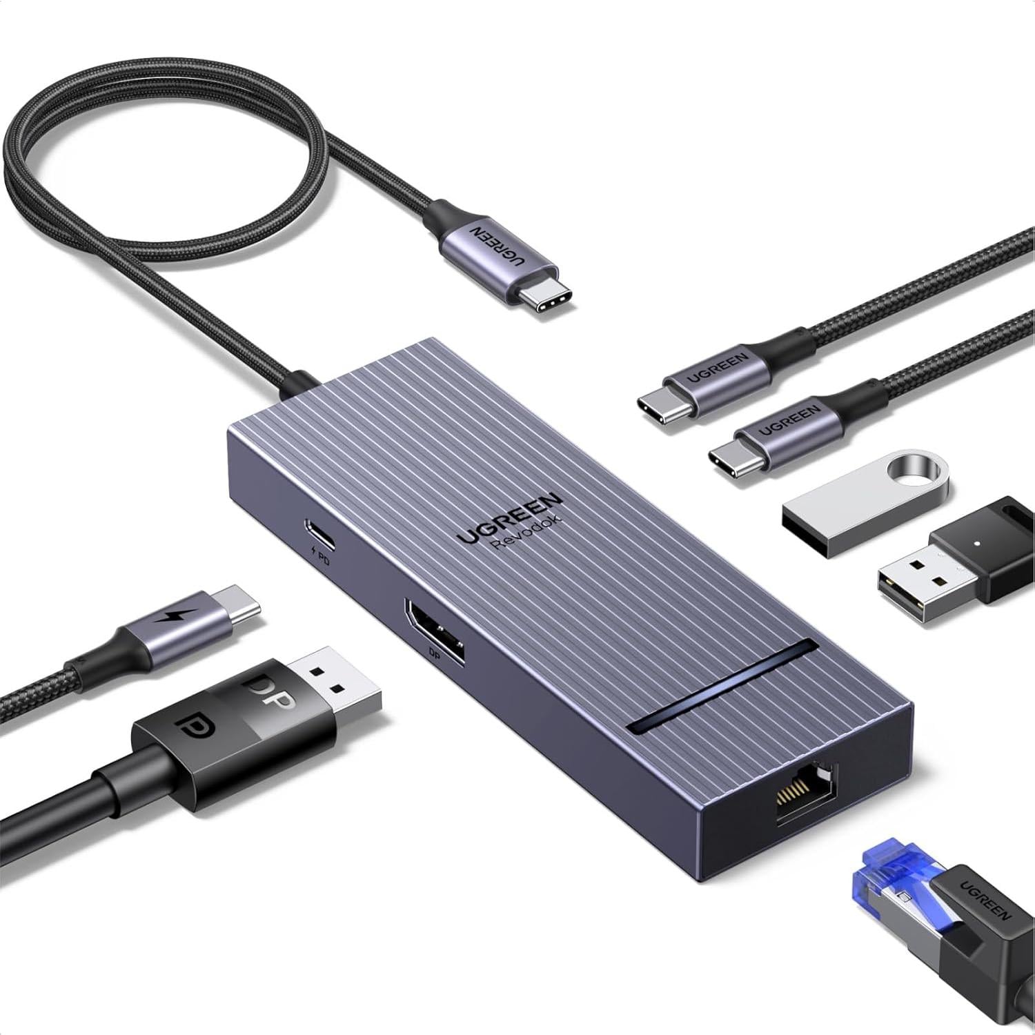 Док-станция UGREEN Revodok Pro 1071 CM880 7в1 DisplayPort 1.4 до 4K@60 Гц 3 порта USB 10 Гбит/с 2 USB-C/1 USB-A Темно-серый (75774)
