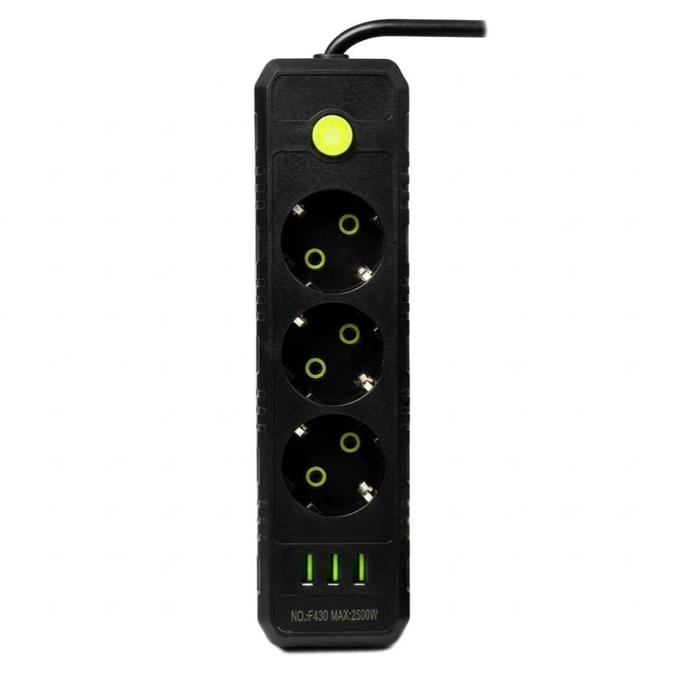 Удлинитель сетевой UA Power F43U 3 розетки 3 USB 2 м Black (34187982)