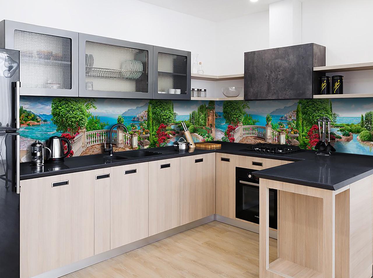 Кухонный фартук Вид на море c самоклеющейся виниловой пленки 65х250 см Голубой