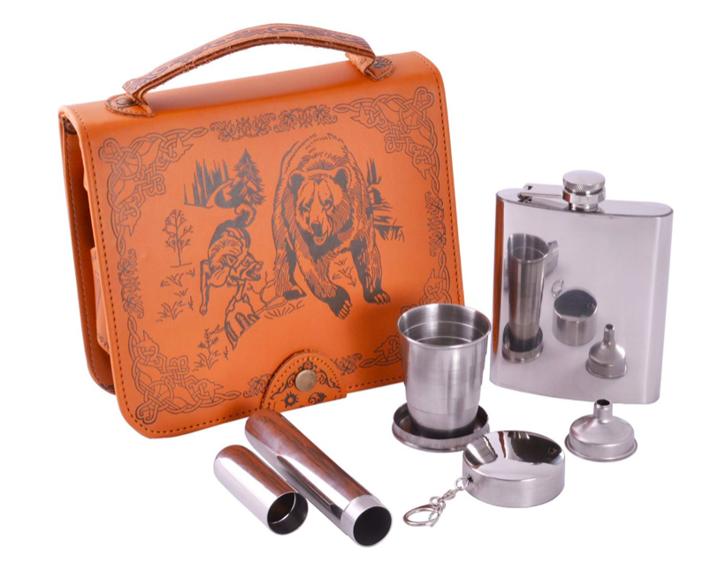 Подарочный набор фляжка Медведь в барсетке со стопкой и футляром для сигары