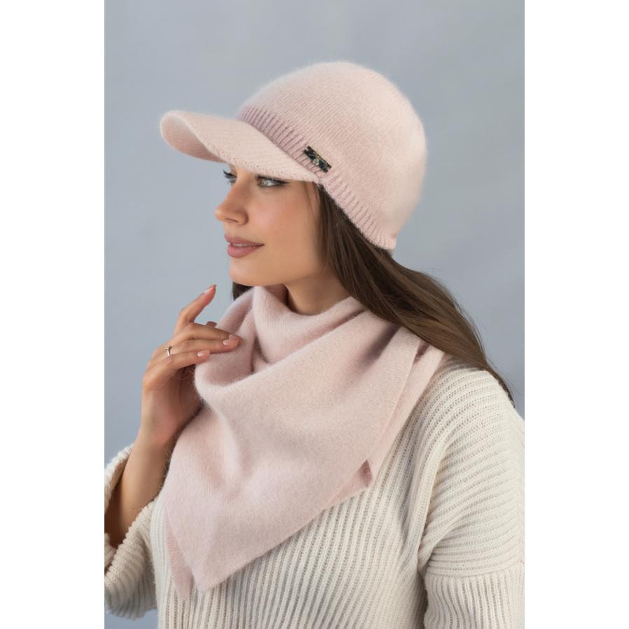 Комплект женский Braxton 4955-5 из шерсти кролика двойная шапка с козырьком и косынка Долорес Светлая пудра