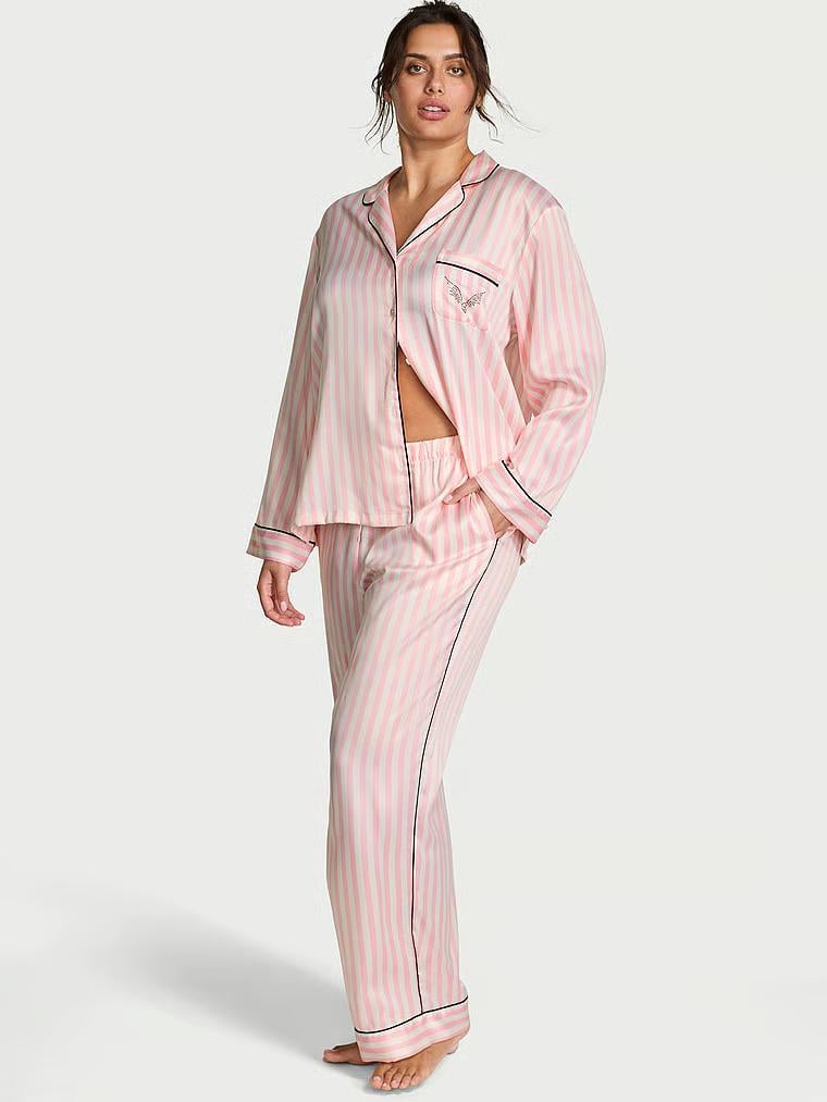 Піжама сатинова сорочка/шорти Victoria's Secret Glazed Satin Long Pajama Set смужка Regular S Рожевий (27146910)