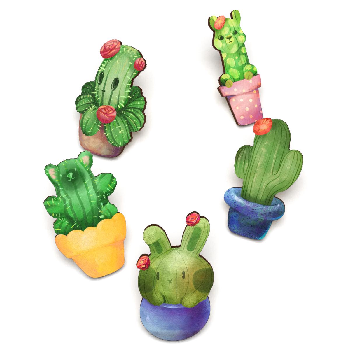 Набор значков Lex Altern Очеровательные кактусы из дерева 5 шт.