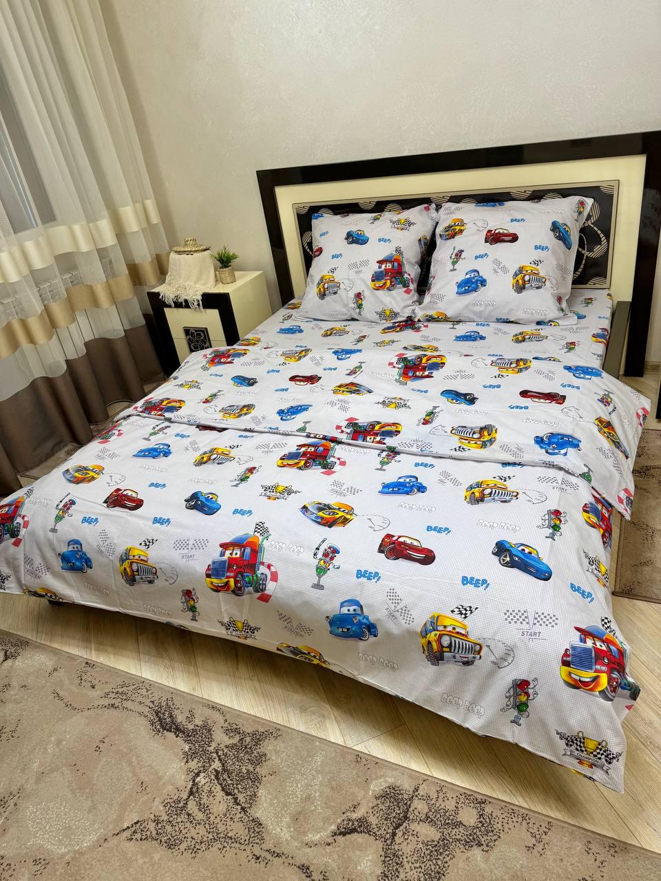 Комплект постільної білизни Вантажівки бавовняний полуторний 150х220/70х70 см Білий (28859230)