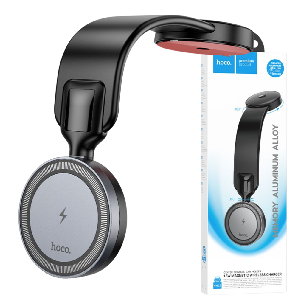Тримач для телефону в машину Hoco MagSafe магнітний гнучкий на присоску з бездротовою зарядкою 15W Чорний (HW29) Тримач для телефону в машину Hoco MagSafe магнітний гнучкий на присоску з бездротовою зарядкою 15W Чорний (HW29)
