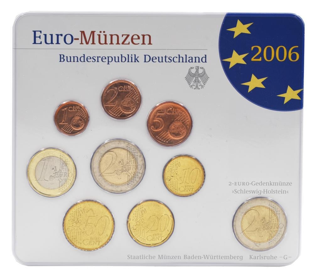 Коллекционные монеты Германия набор из 9 монет евро 2006 UNC G 1/2/5/10/20/50 евроцентов 1/2 евро/памятная 2 евро Блистер (М23502)