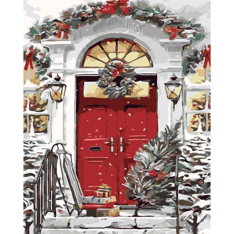 Картина по номерам Strateg Премиум Дом с елкой и подарками с лаком и уровнем 40x50 см (GS1569)