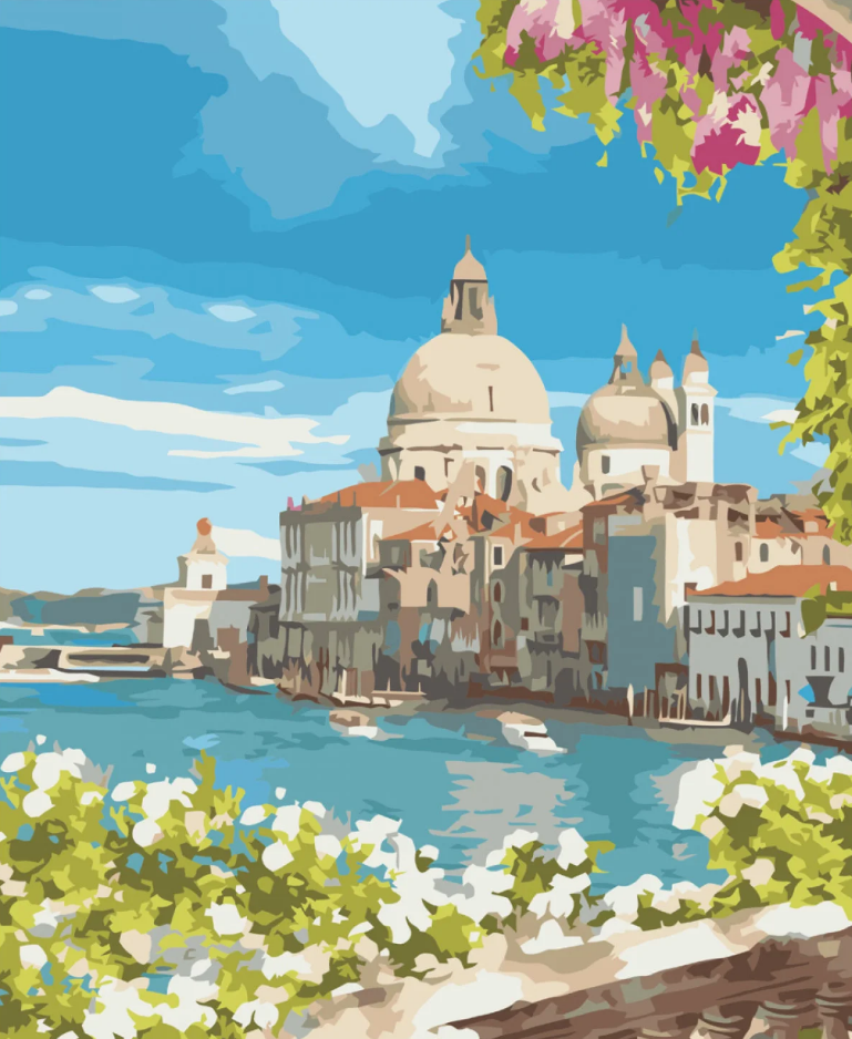 Картина по номерам Strateg Премиум Город на воде с лаком и уровнем 40x50 см (VA-3699)