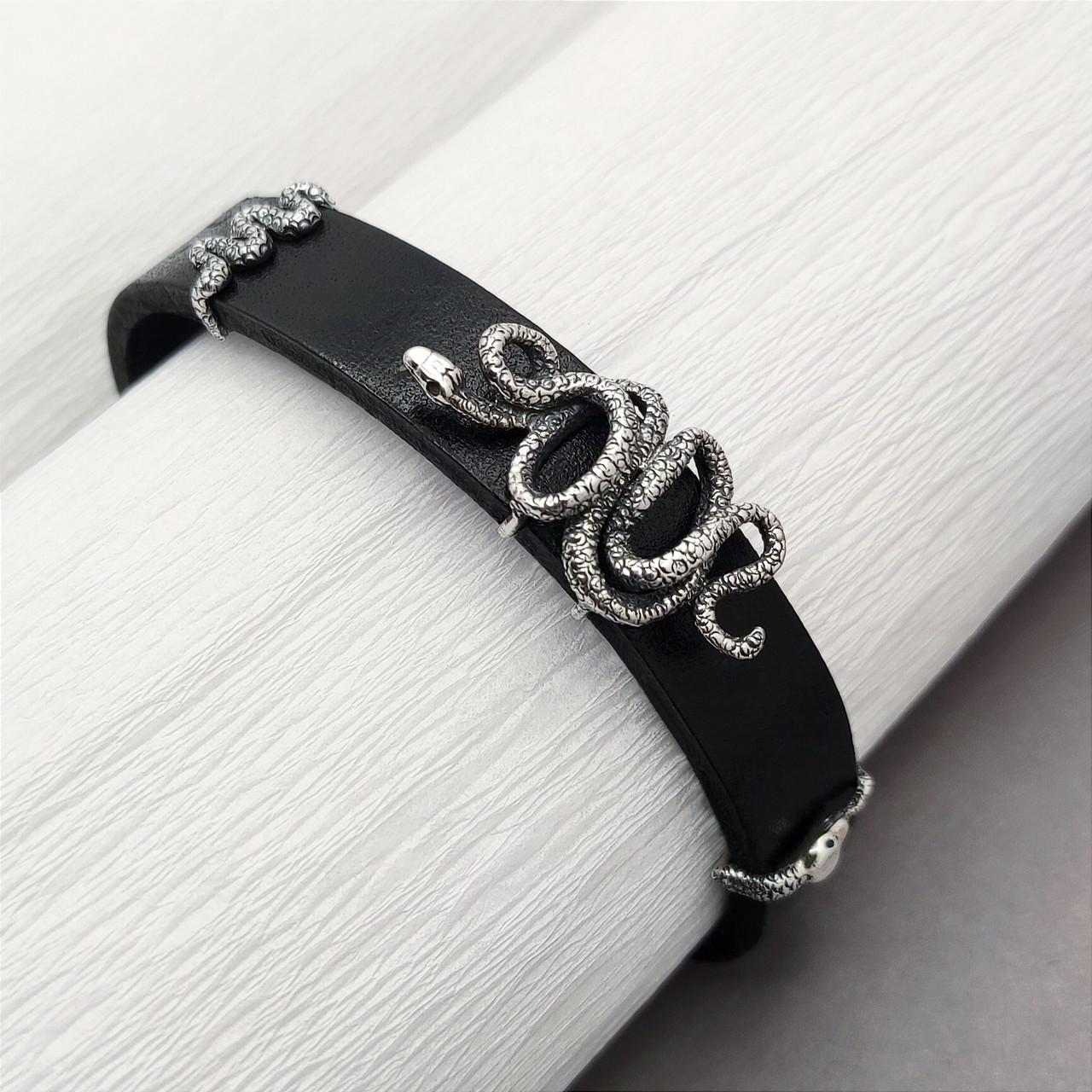 Браслет на коже Змея Серебряный (303бр)