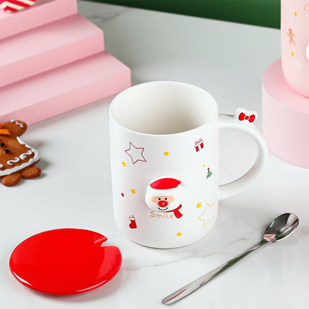 Чашка новогодняя с крышкой и ложкой Санта Smile керамика 360 мл Белый - фото 4