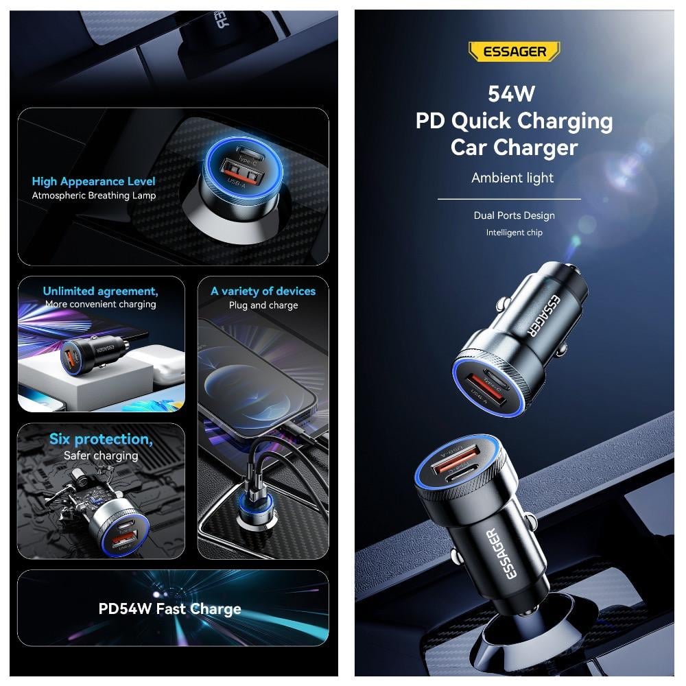 Зарядний пристрій автомобільний Essager Type-c 36w/USB qc 3.0 18w Metall 54W (25397275) - фото 7
