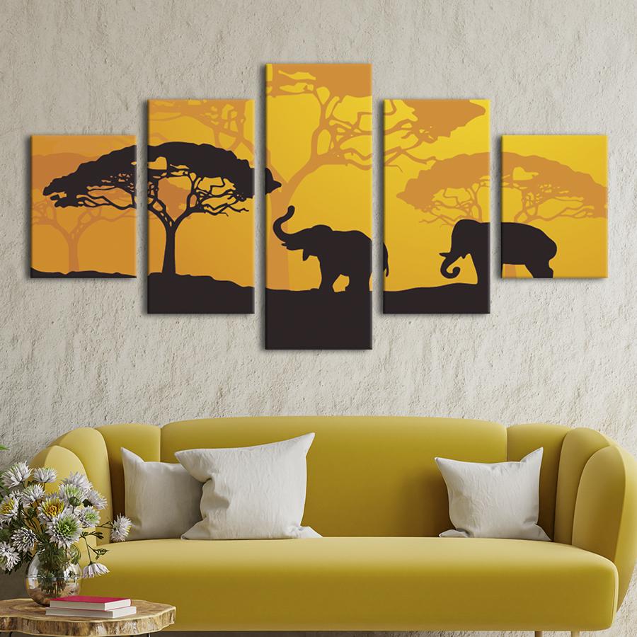 Модульная картина из 5 частей на холсте интерьерная картина Два африканских слона 162x80 см (134-52) Модульная картина из 5 частей на холсте интерьерная картина Два африканских слона 162x80 см (134-52)