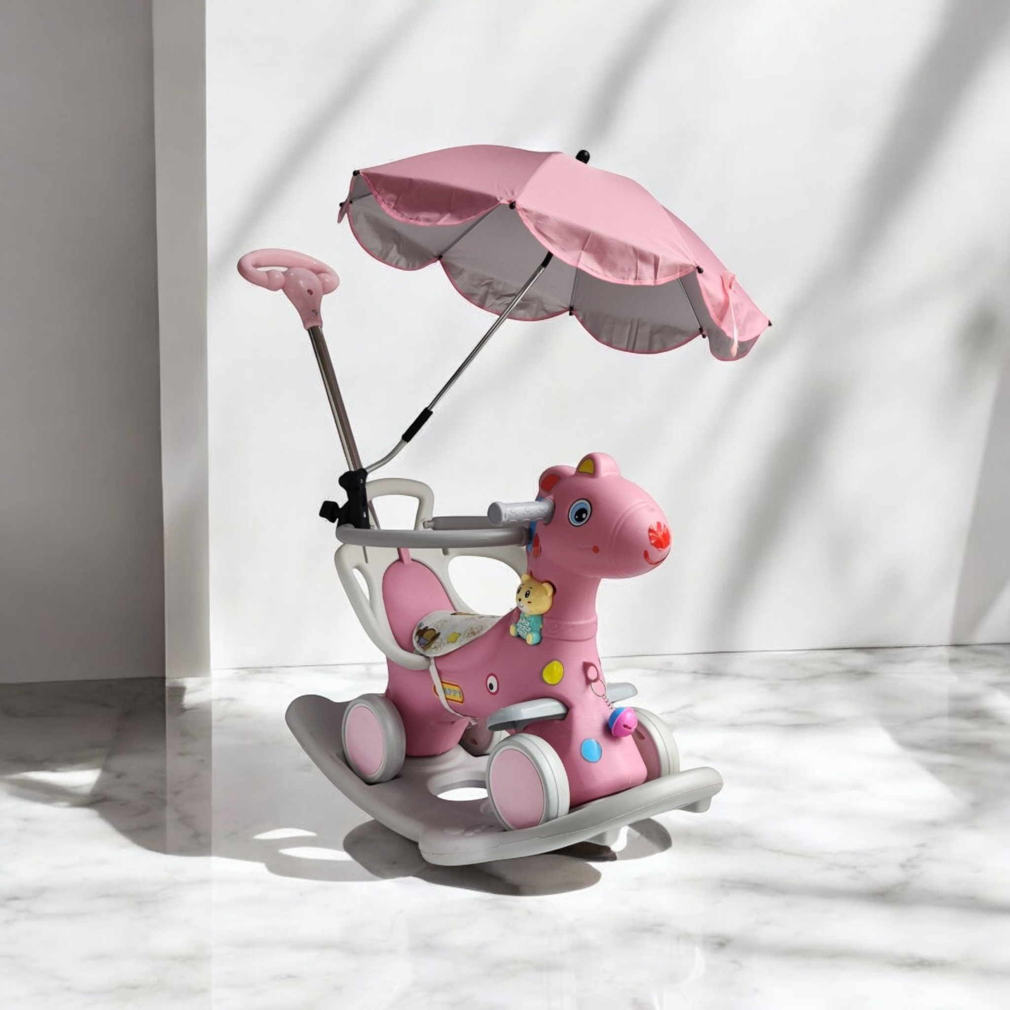 Каталка-качалка 3в1 с родительской ручкой 4 колесами и козырьком Pony Ride Лошадка NN15834 Розовый (NN15834r-s)