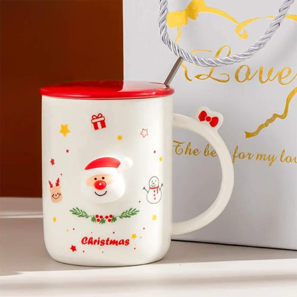 Чашка новогодняя с крышкой и ложкой Санта Сhristmas керамика 360 мл Белый - фото 9