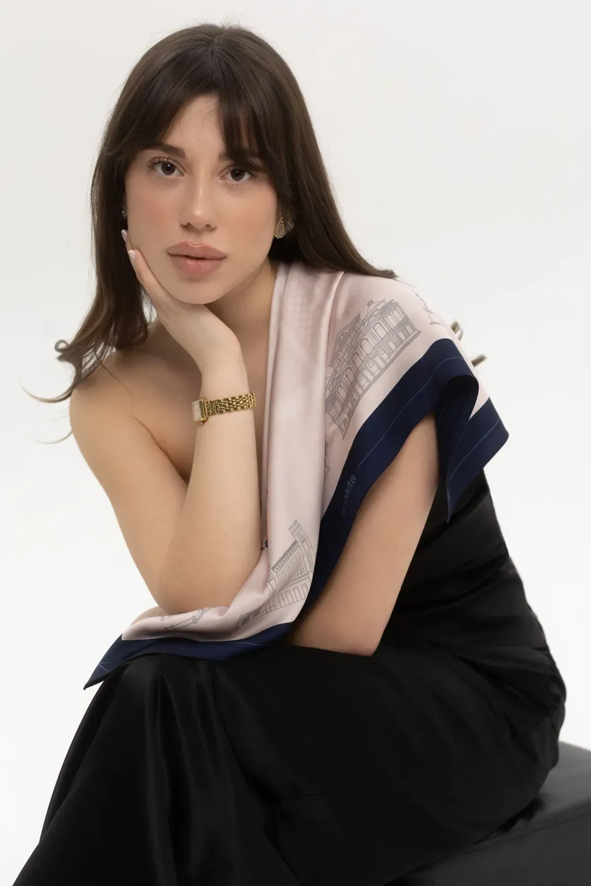 Платок Харьков шелковый односторонняя печать 55х55 см Бежево-синий (27557525) - фото 5