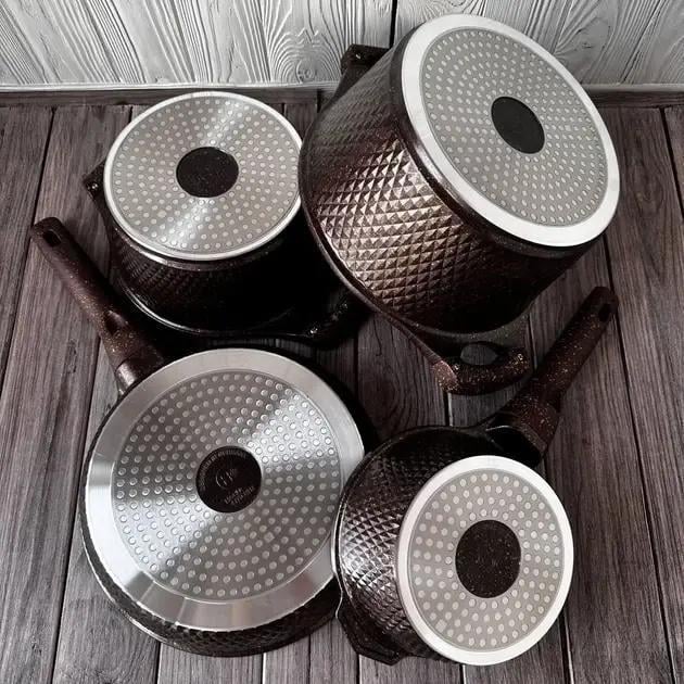 Набір посуду Higher Kitchen HK-315 з гранітним антипригарним покриттям 7 предметів Коричневий (2484653689) - фото 4 Набір посуду Higher Kitchen HK-315 з гранітним антипригарним покриттям 7 предметів Коричневий (2484653689) - фото 4