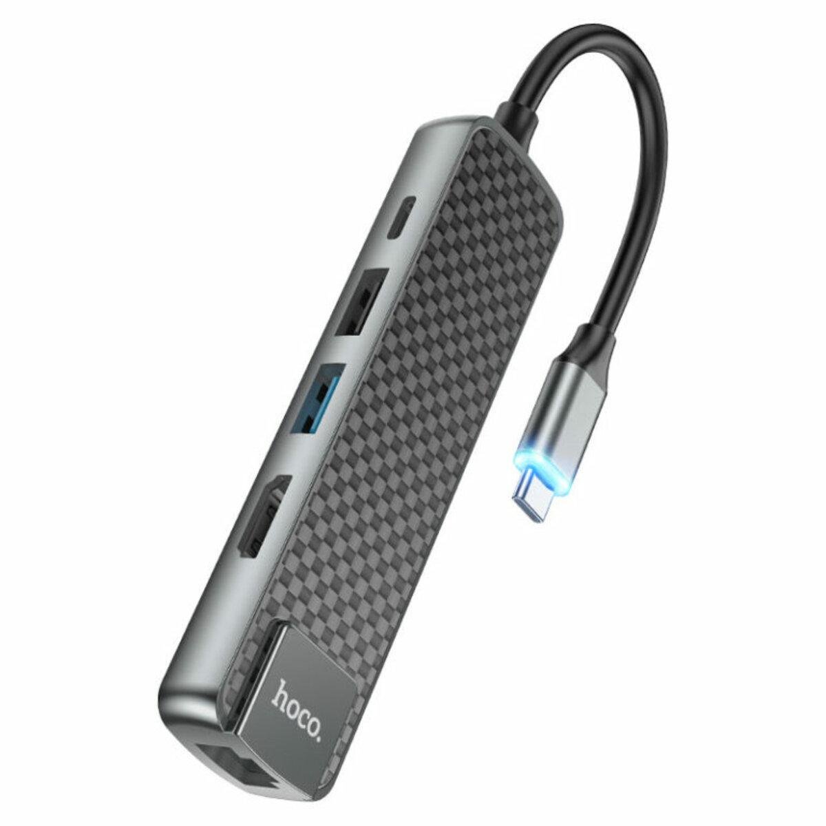 USB-HUB адаптер Hoco HB23 EASY VIEW TYPE-C HDMI/Type-C/USB3.0/USB2.0/RJ45/PD 3A 60W 13,5cm Metal Gray