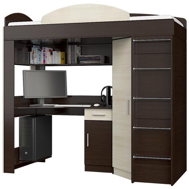 Кровать-чердак со шкафом и рабочим местом Еверест Венге/Молочный