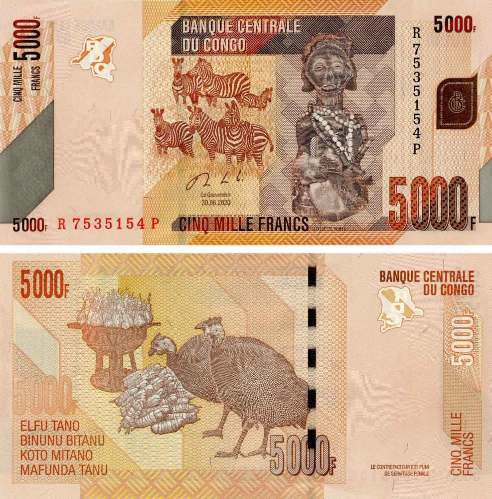 Коллекционная банкнота Демократическая Республика Конго 5000 франков 2020 UNC Зебры Птицы P102 (Б17927)