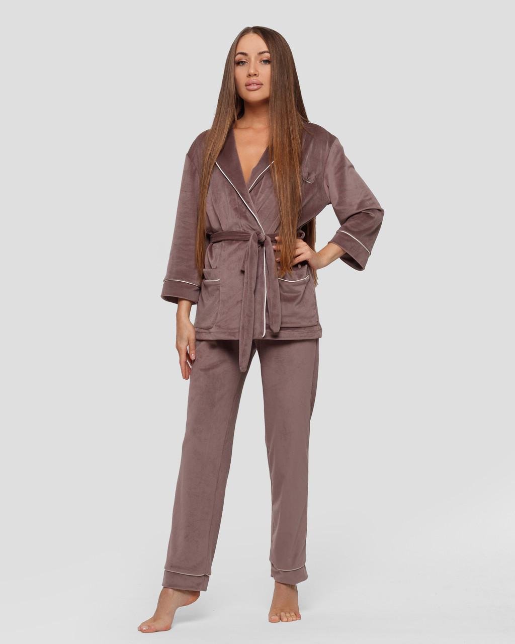 Костюм домашний женский велюровый халат с брюками 3XL Мокко (1805446999) - фото 2 Костюм домашний женский велюровый халат с брюками 3XL Мокко (1805446999) - фото 2