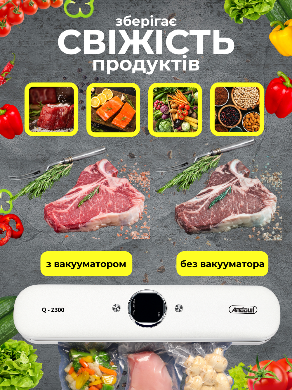 Вакууматор кухонный домашний Andowl Q-Z300X1 2в1 для упаковки и запайки пищевых продуктов Белый (13820355) - фото 3