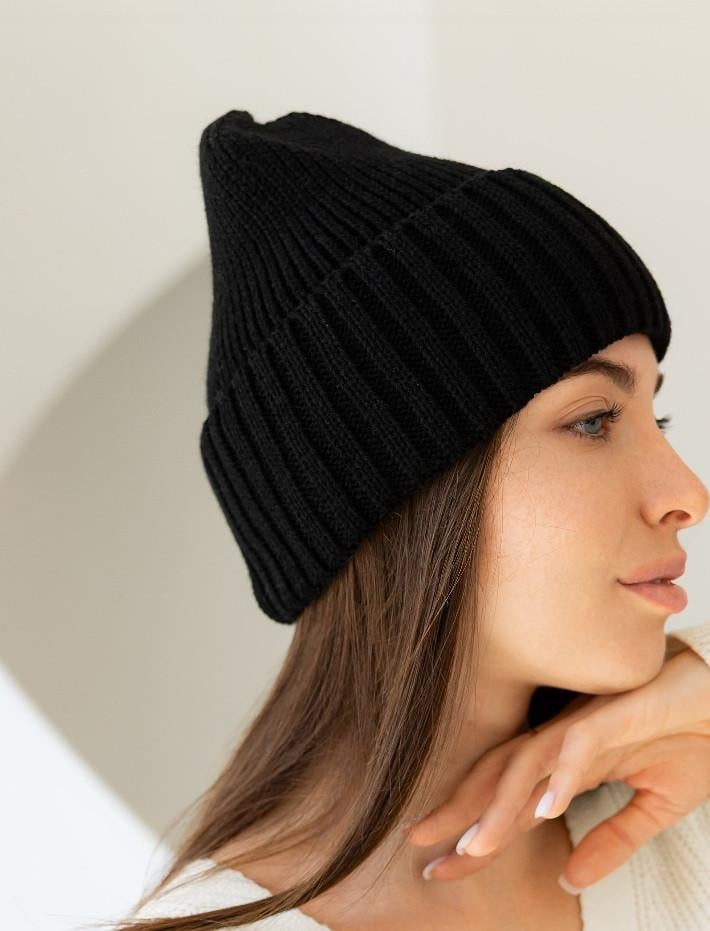Шапка женская женская вязаная Классик шерстяная с отворотом Черный (2759280780)