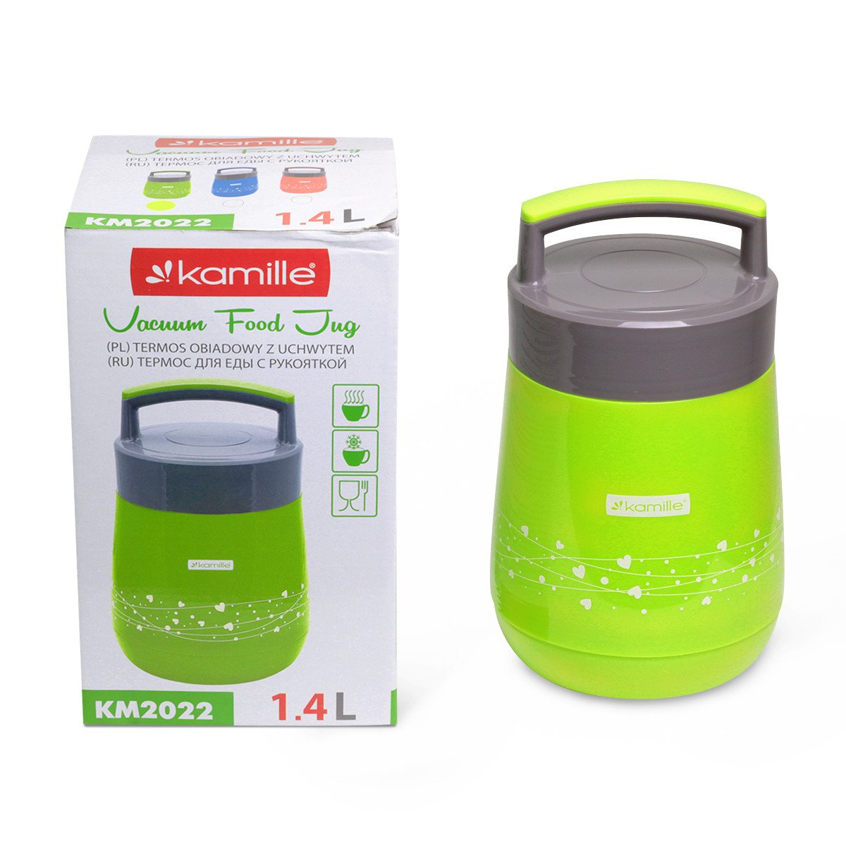 Термос пищевой Kamille 1400 мл пластиковый со стеклянной колбой и 2 емкостями Зеленый KM-2022
