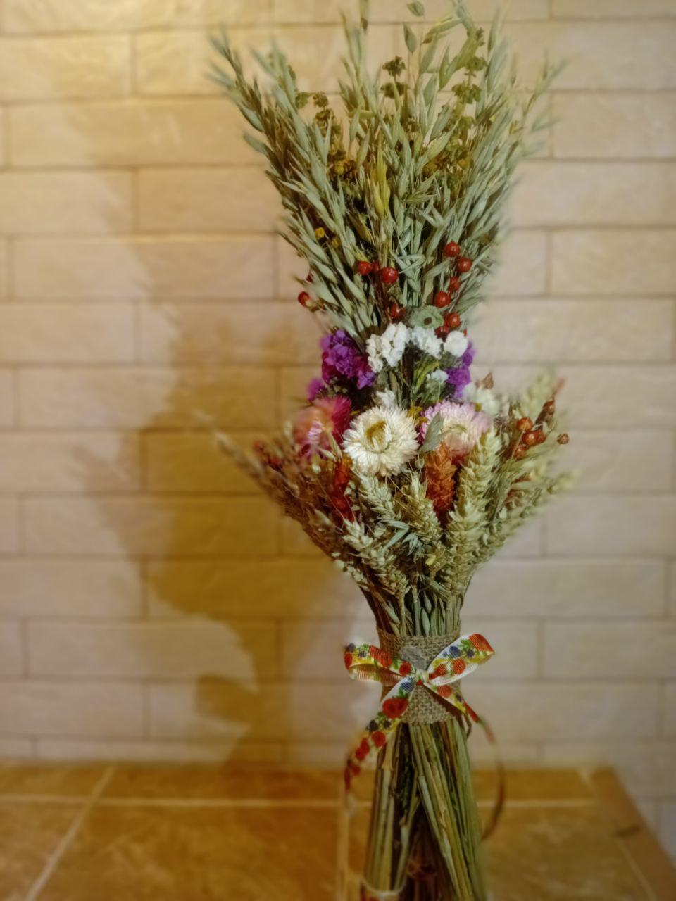 Дидух рождественский из колосков пшеницы/льна и овса с лентой-вышиванкой 50 см Белый