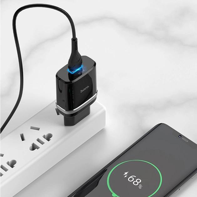 Пристрій мережевий зарядний Hoco C12Q Smart QC3.0 1 USB/3A з кабелем для заряджання USB/Type-C Чорний - фото 4