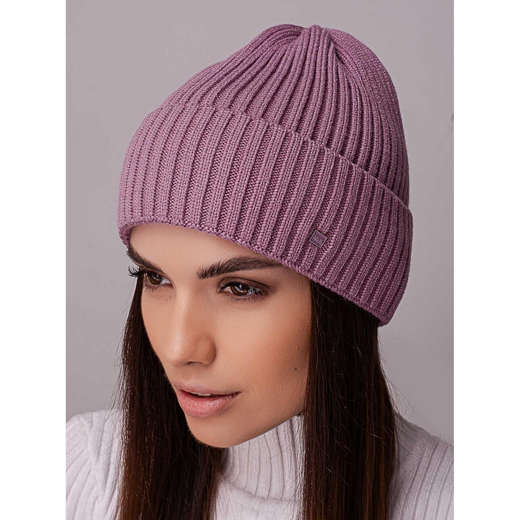 Шапка жіноча ковпак з відворотом без підкладки в широкий рубчик Leks Ковель Ліловий - фото 1