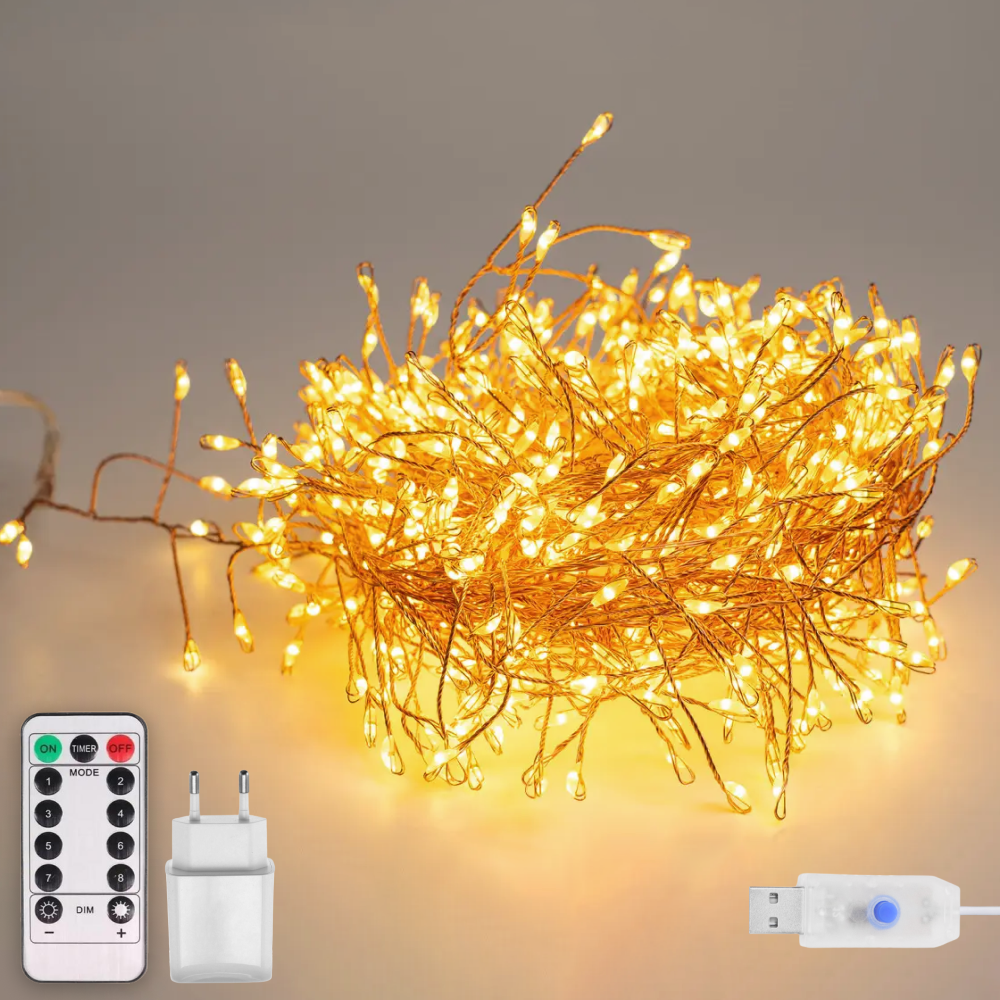 Гірлянда світлодіодна роса Феєрверк 10 м від USB та мережі 220V з пультом 500 LED 8 режимів IP44 Теплий білий