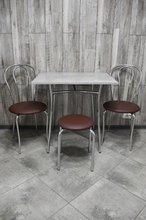 Кухонний комплект Tulipan Тріо стіл/стільці 2 шт./табурет 60х80х75 см Хром/Світлий бетон/Коричневий (2500968755)