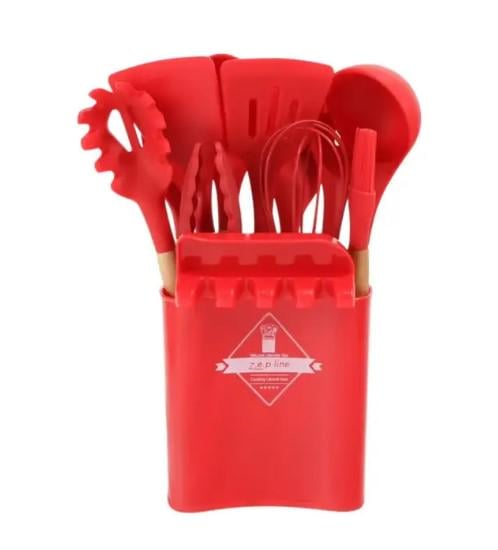 Набор кухонных принадлежностей ZP-053 силикон с деревянной ручкой 12 пр. Красный