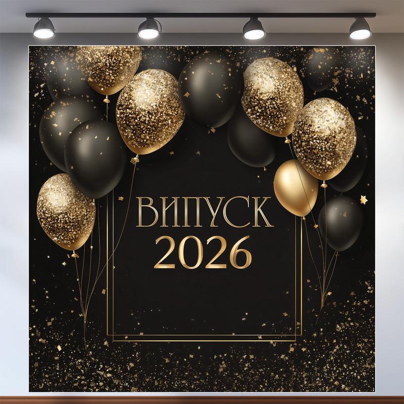 Баннер для фотозоны "Випуск 2026" черный с золотыми и черными шариками для фотосессии 120x120 см №41056