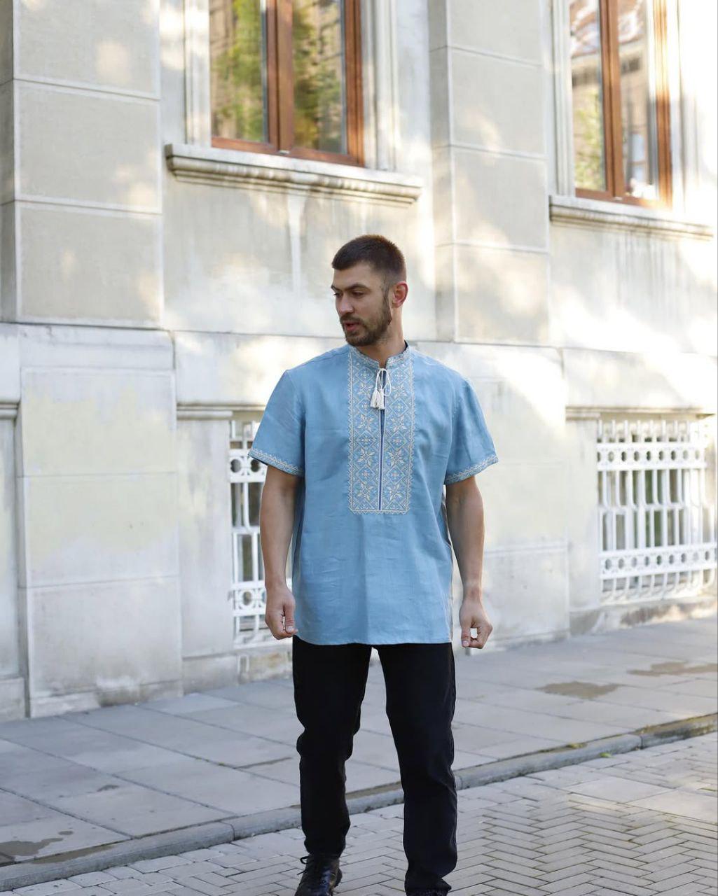 Вышиванка мужская р. 52 Голубой (285) - фото 3