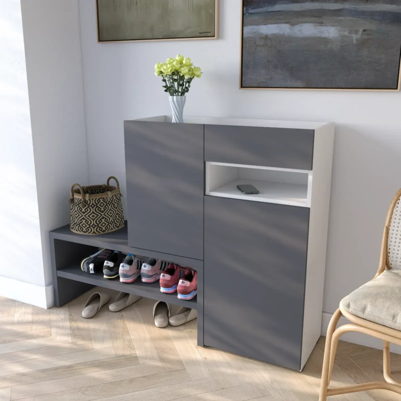 Тумба-подставка RS-4 для обуви в прихожую с дверцей и ящиком 1350х400х1017 мм ДСП 16 мм Белый/Антрацит (20288692) Тумба-подставка RS-4 для обуви в прихожую с дверцей и ящиком 1350х400х1017 мм ДСП 16 мм Белый/Антрацит (20288692)