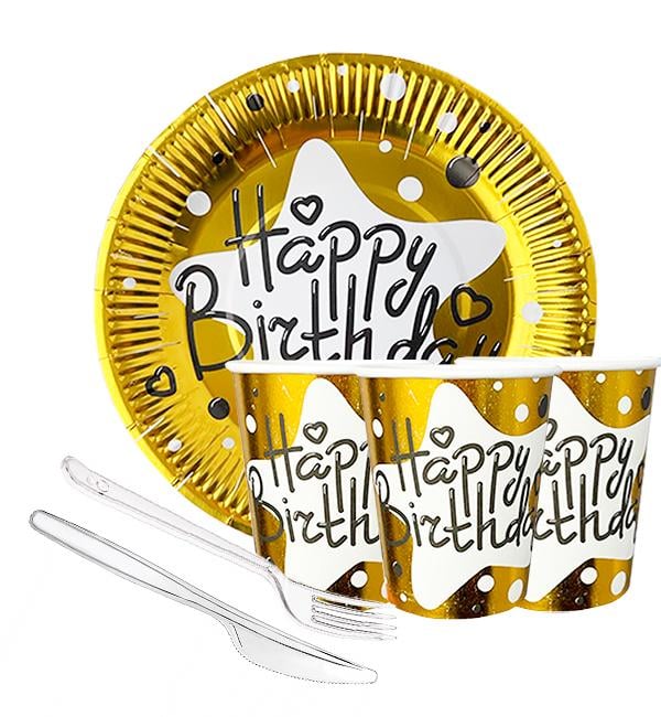 Набір одноразового посуду "Happy Birthday" на 10 персон Золотий (10886715)