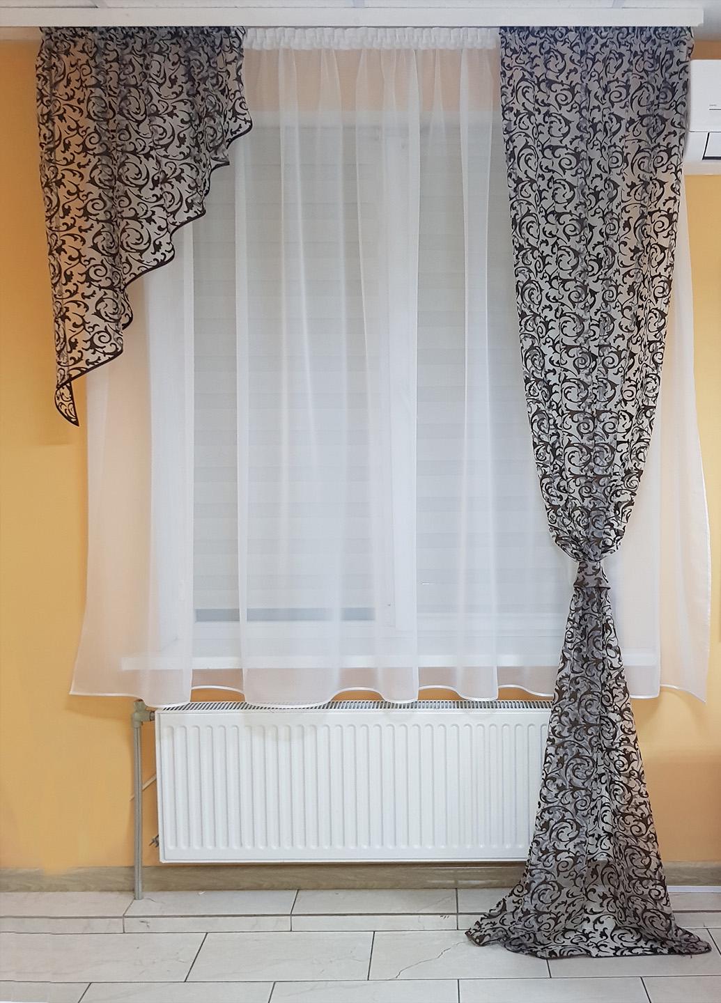 Комплект тюль к подоконнику и шторам Firanka Вензель карниз 200 см Белый с коричневым (71_1к)