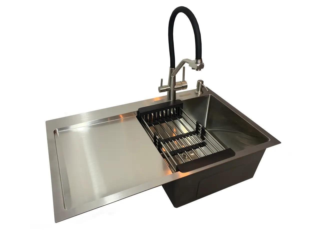 Мийка кухонна Kroner 7849RHM права та кран для кухні з підключенням до фільтра Kroner ESG03817BLK