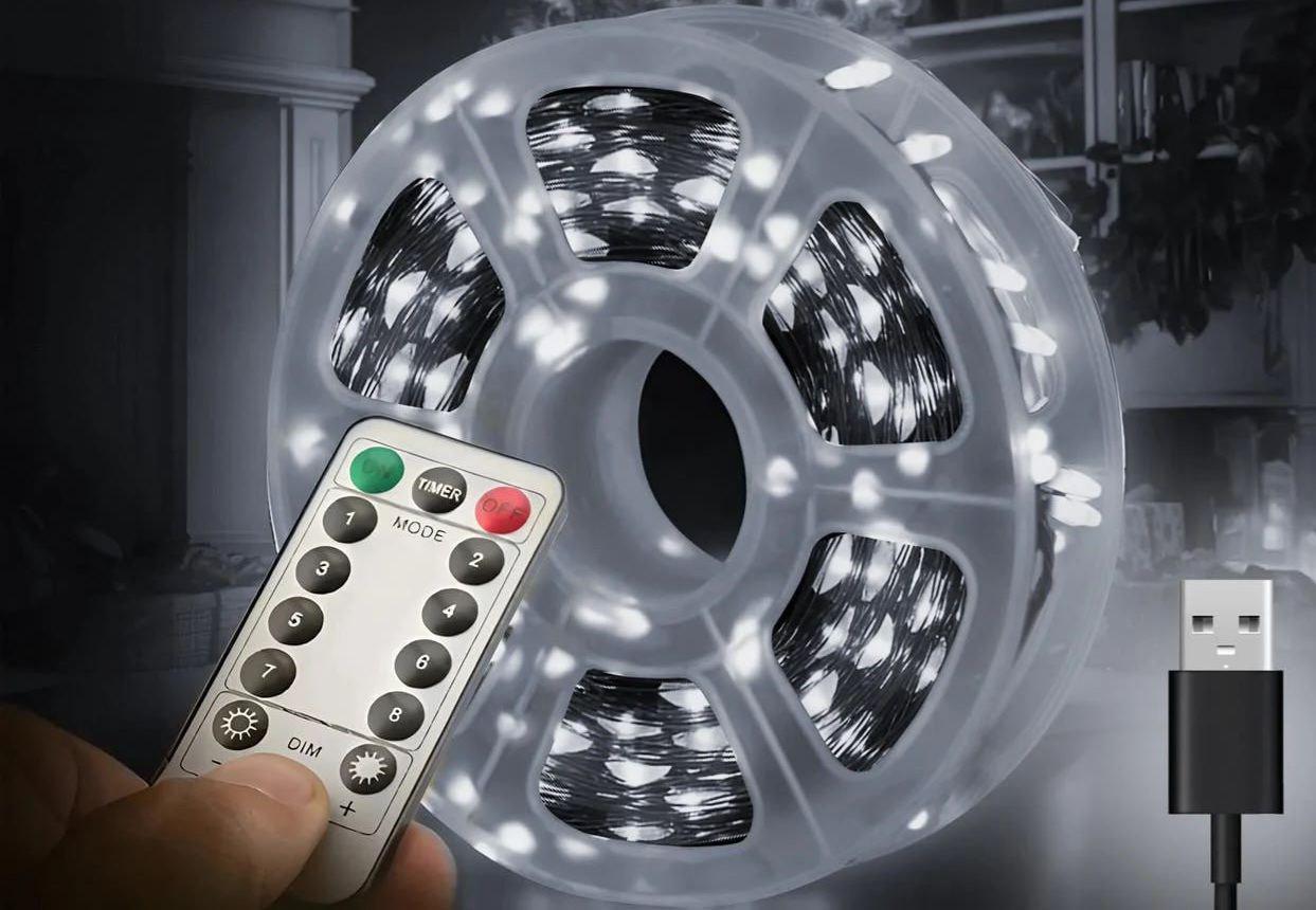 Гірлянда роса 20 м USB на 200 led світлодіодів крапля зелений провід білий - фото 8